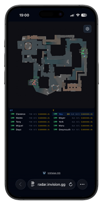 InVision CS2 cheat web radar running on a mobile browser showing a real-time map overview